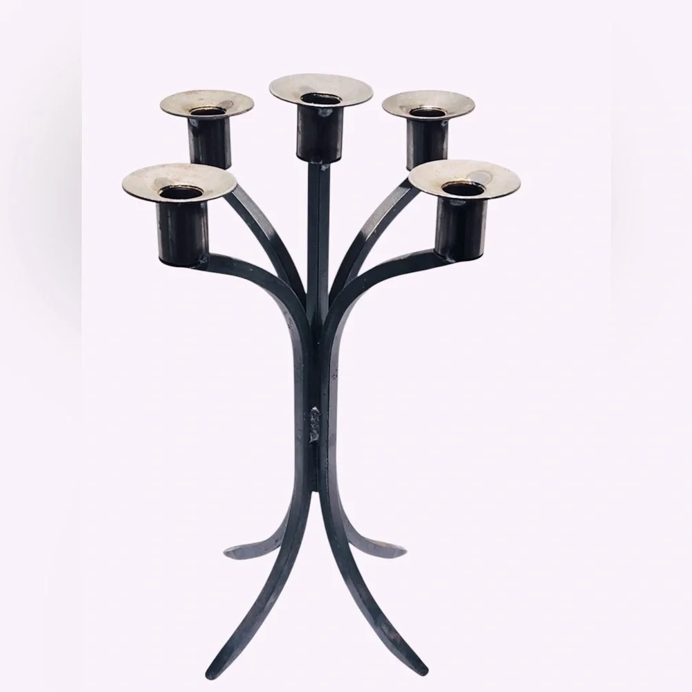 VTG Art Deco Wrought Iron 5 Taper Candelabra Candle Holder Black Patina 14
